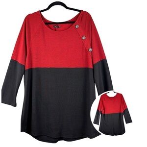 Reborn Sweater Womens 2XL Red Black Color Block Side Buttons Christmas Boho